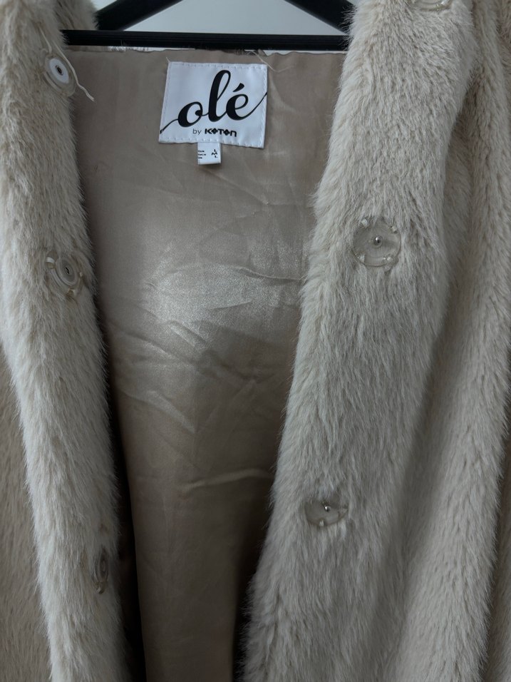 Bej Kadın Midi Boy Peluş Kaban - Görsel 2