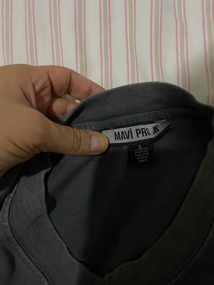 Mavi Gri Kısa Kollu Keten Oversize Tişört - Görsel 3