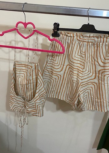 Bej Zebra Desenli Kısa Kadın Şort Takım - Görsel 3