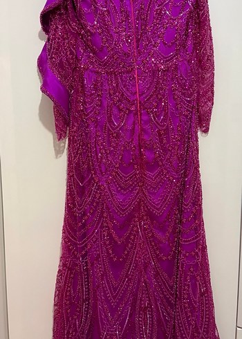 Uzun Dantel İşlemeli kol detaylı ÖZEL DİKİM Pembe Kadın Abiye - Görsel 3