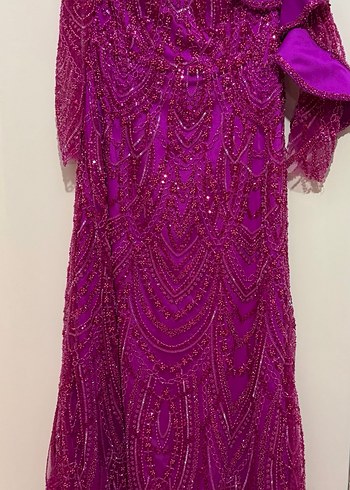 Uzun Dantel İşlemeli kol detaylı ÖZEL DİKİM Pembe Kadın Abiye - Görsel 13