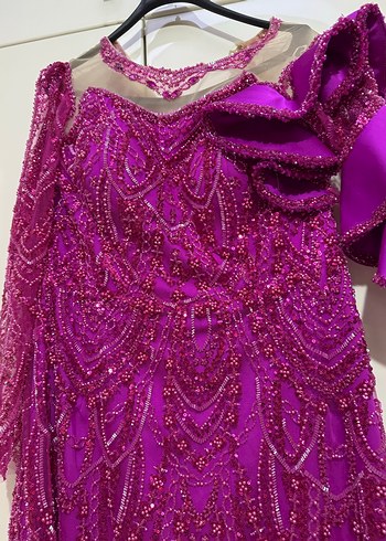 Uzun Dantel İşlemeli kol detaylı ÖZEL DİKİM Pembe Kadın Abiye - Görsel 9