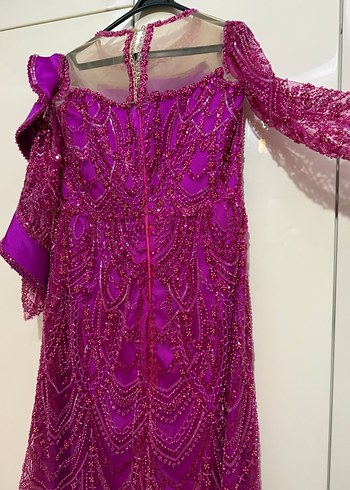 Uzun Dantel İşlemeli kol detaylı ÖZEL DİKİM Pembe Kadın Abiye - Görsel 4