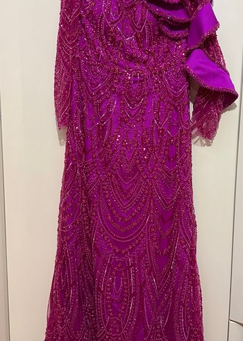 Uzun Dantel İşlemeli kol detaylı ÖZEL DİKİM Pembe Kadın Abiye - Görsel 14