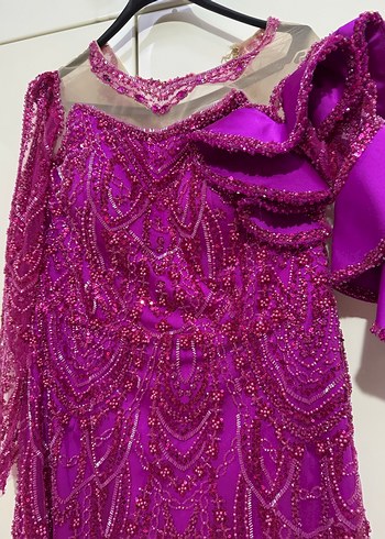 Uzun Dantel İşlemeli kol detaylı ÖZEL DİKİM Pembe Kadın Abiye - Görsel 11