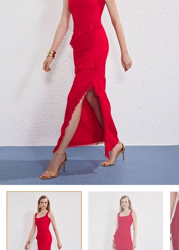 Kırmızı Drapeli Uzun İnce Askılı Elbise - Görsel 2