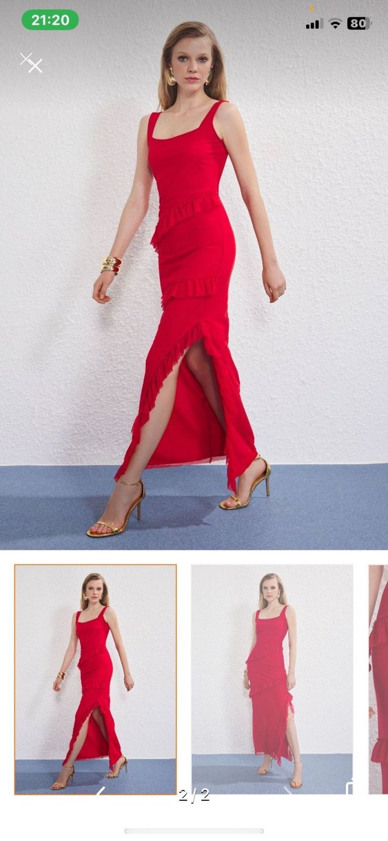 Kırmızı Drapeli Uzun İnce Askılı Elbise - Görsel 2