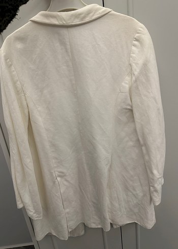 Beyaz Kadın Keten Uzun Blazer Ceket - Görsel 2