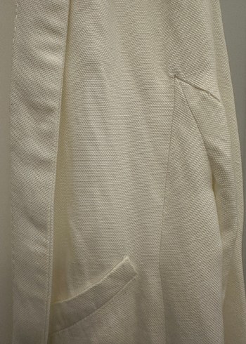 Beyaz Kadın Keten Uzun Blazer Ceket - Görsel 3