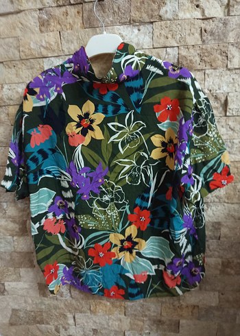 Çiçek Desenli Renkli Kısa Kollu Kadın Gömlek - Görsel 3