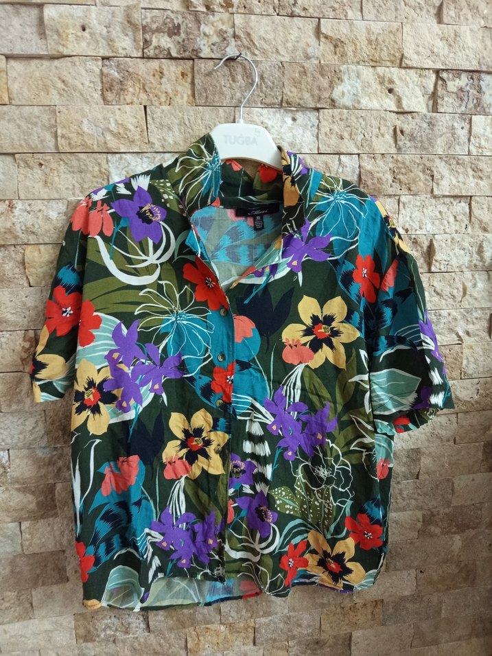 Çiçek Desenli Renkli Kısa Kollu Kadın Gömlek - Görsel 5