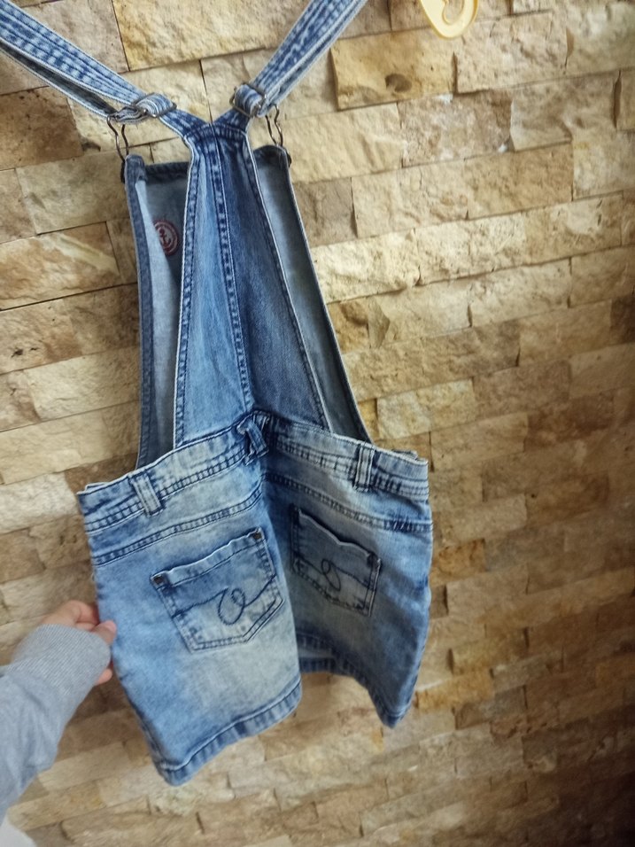 Kız Çocuk Renkli Batik Desenli Denim Salopet - Görsel 4