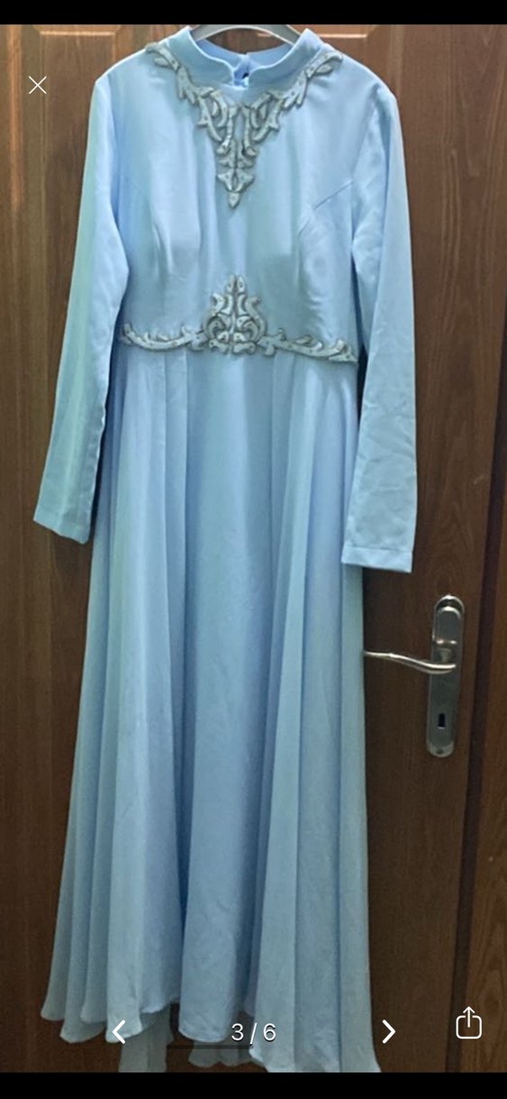 Nakış Detaylı Mavi Uzun Abiye Elbise - Görsel 3