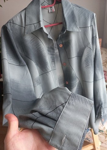 Gri Düğmeli Keten Kadın Gömlek - Görsel 3