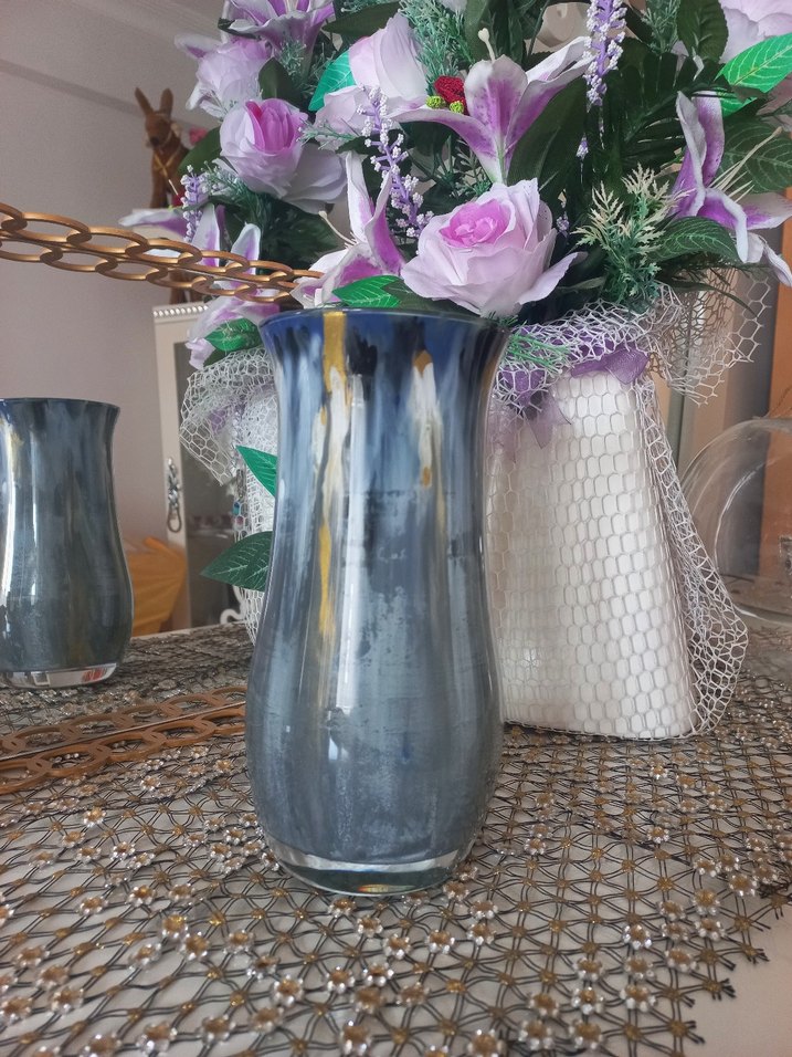 Gri Parlak el boyama Cam Vazo - Görsel 2