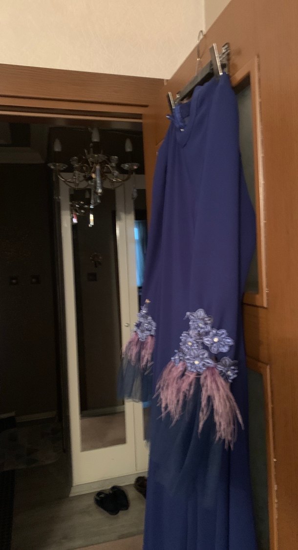 Püsküllü Uzun Mor Kadın Abiye Elbise - Görsel 2