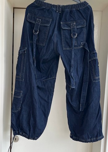 Lacivert Kemerli Geniş Kesim Kadın Kot Pantolon - Görsel 2