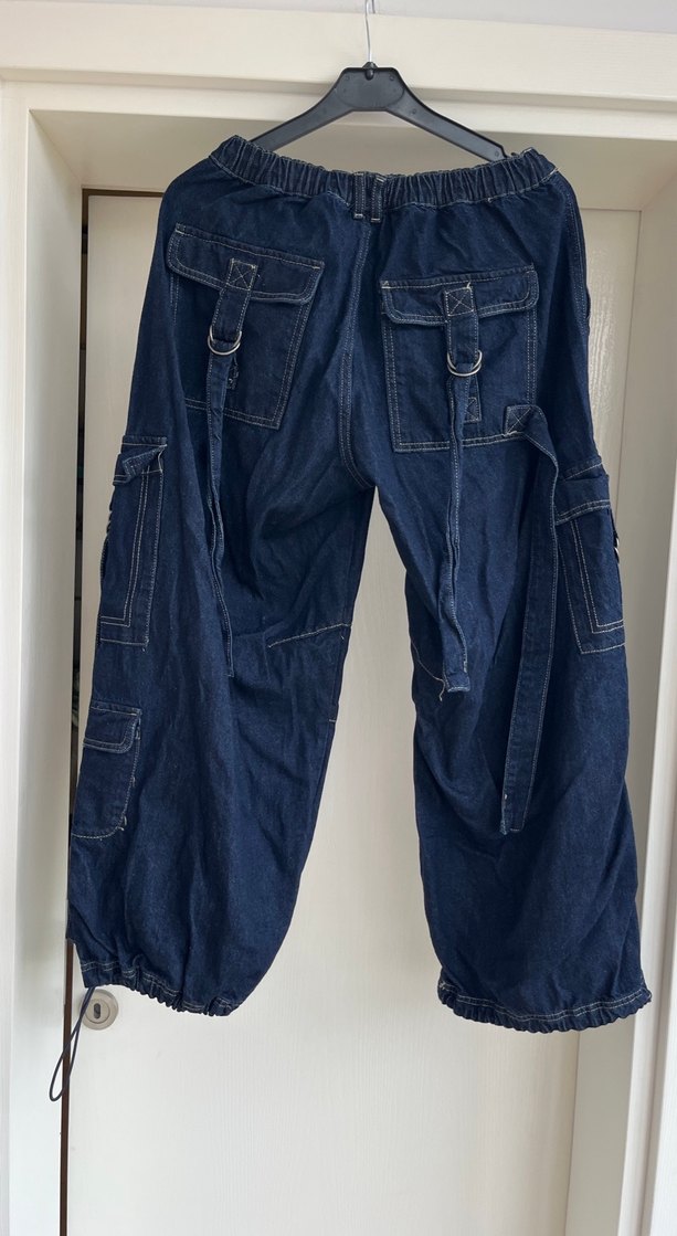 Lacivert Kemerli Geniş Kesim Kadın Kot Pantolon - Görsel 2