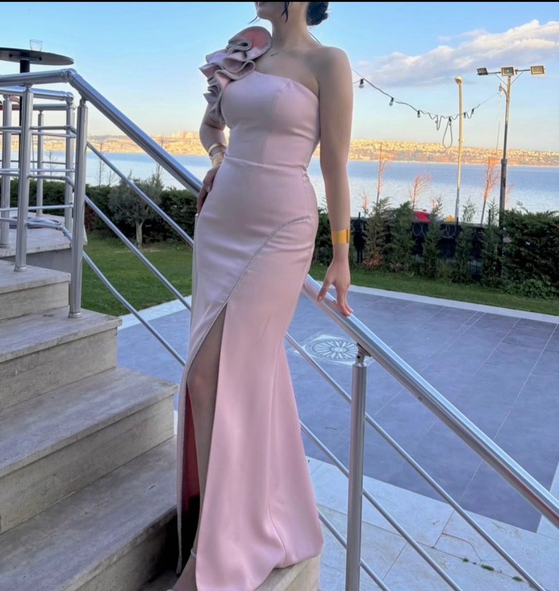 Pudra Pembe Drapeli Straplez Uzun Abiye Elbise - Görsel 3