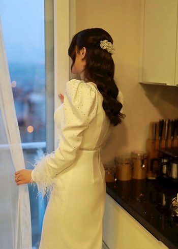 Cengiz Aktürk Tüy Detaylı Söz Nişan Beyaz Elbise - Görsel 3