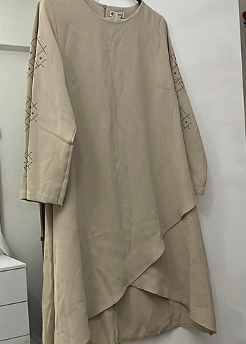 Bej Nakışlı Uzun Kollu Kadın Elbise - Görsel 2