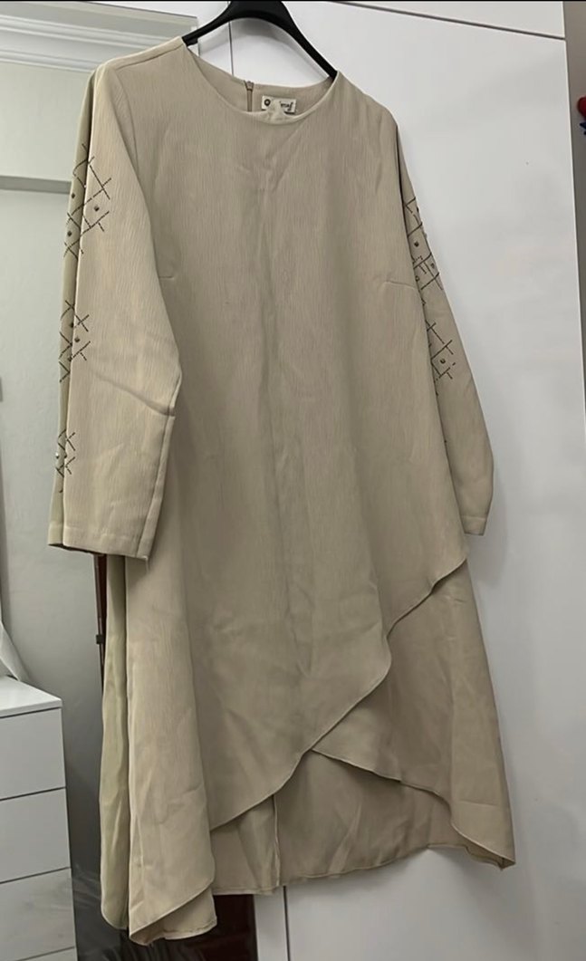 Bej Nakışlı Uzun Kollu Kadın Elbise - Görsel 2