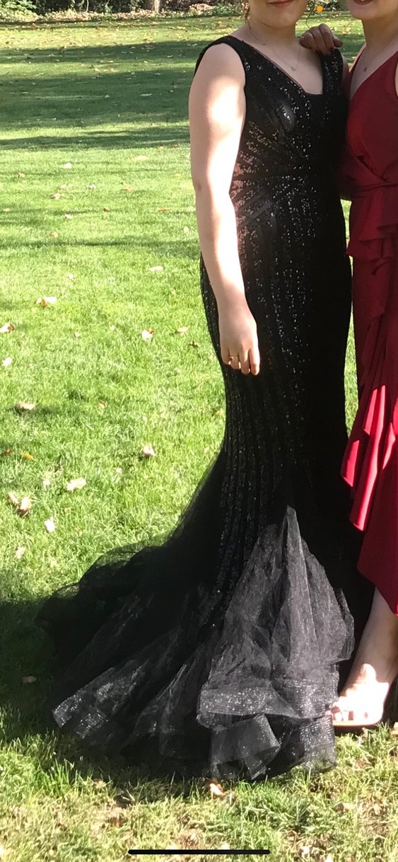 Siyah İşlemeli V Yaka Uzun Abiye Elbise - Görsel 3