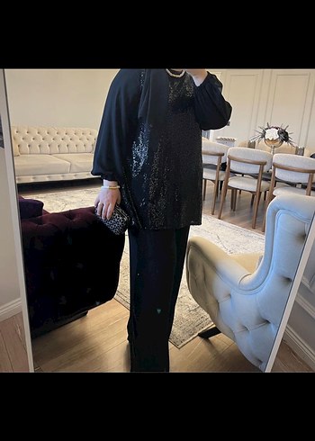 Siyah Uzun Kollu Parlak Tunik ve pantolon Takımı - Görsel 5