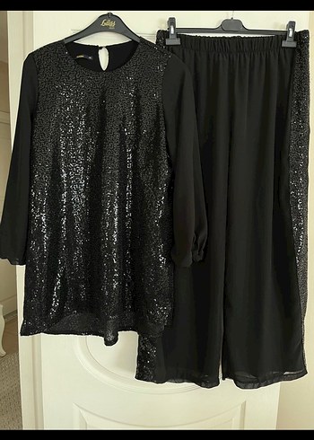 Siyah Uzun Kollu Parlak Tunik ve pantolon Takımı - Görsel 4