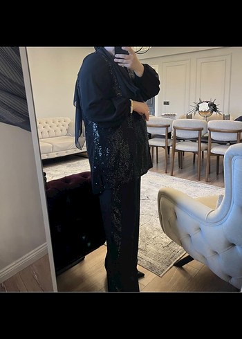 Siyah Uzun Kollu Parlak Tunik ve pantolon Takımı - Görsel 2