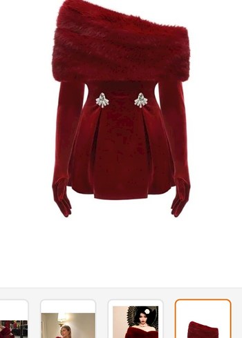 Bordo Kürk Detaylı Straplez Mini Elbise - Görsel 3