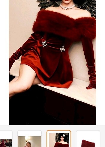 Bordo Kürk Detaylı Straplez Mini Elbise - Görsel 2