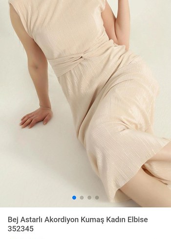 Bej Astarli Akordiyon Kumaş Kadın Abiye Elbise - Görsel 3