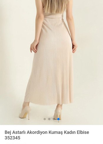 Bej Astarli Akordiyon Kumaş Kadın Abiye Elbise - Görsel 2