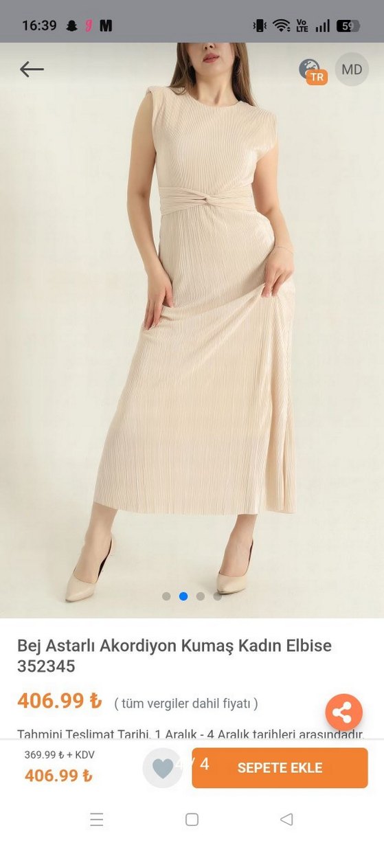 Bej Astarli Akordiyon Kumaş Kadın Abiye Elbise - Görsel 4