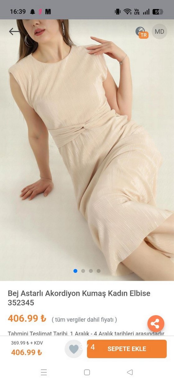 Bej Astarli Akordiyon Kumaş Kadın Abiye Elbise - Görsel 3