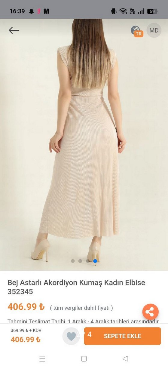 Bej Astarli Akordiyon Kumaş Kadın Abiye Elbise - Görsel 2