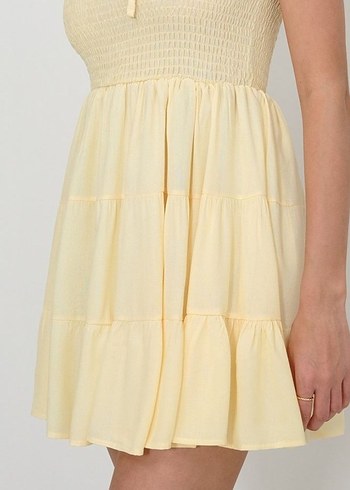 Sarı Mini Elbise, Askılı, Fırfırlı - Görsel 3