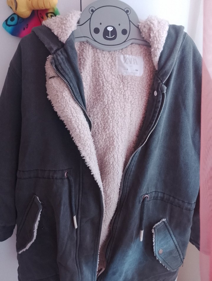 Gri Midi Boy Kürklü Denim Ceket - Görsel 3