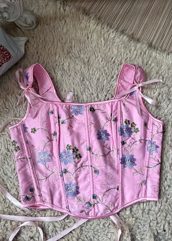 Pembe İşlemeli Dantel Detaylı Bohem Büstiyer - Görsel 2