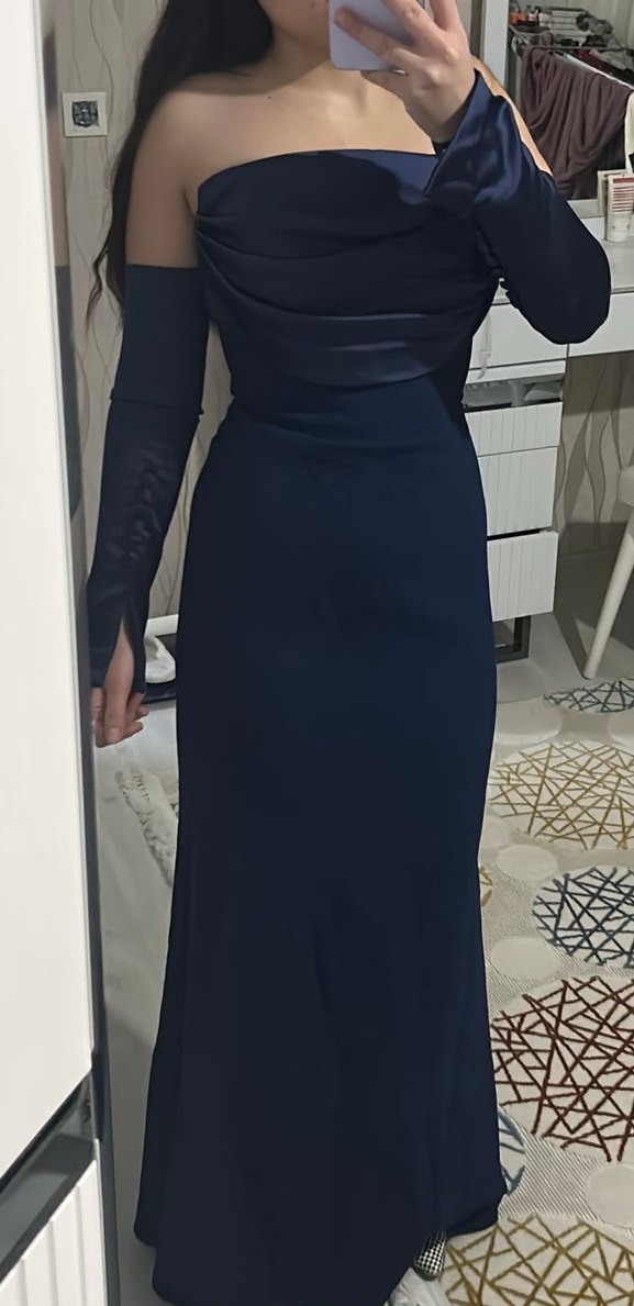 Uzun Lacivert Straplez Kadın Abiye Elbise - Görsel 3