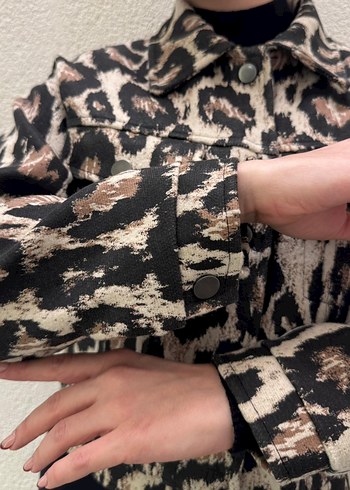 Kahverengi Leopar Desenli Kaşe Ceket - Görsel 8