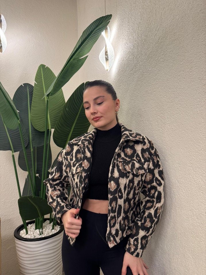 Kahverengi Leopar Desenli Kaşe Ceket - Görsel 4