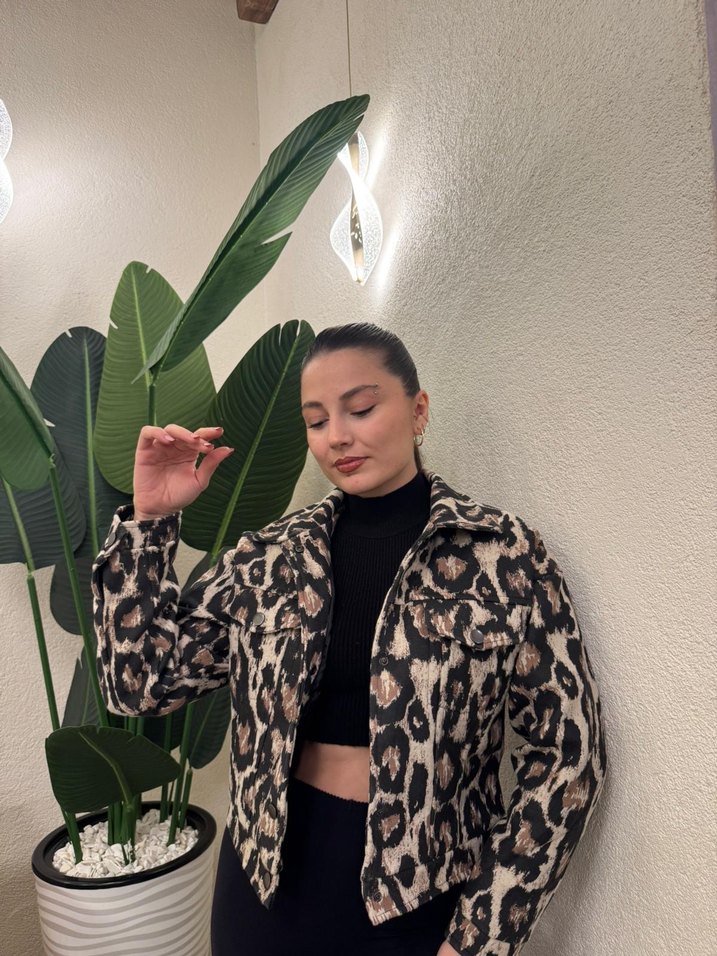 Kahverengi Leopar Desenli Kaşe Ceket - Görsel 5