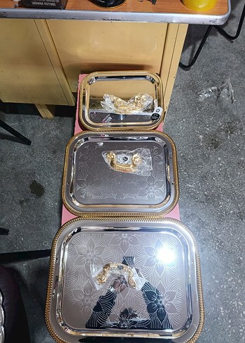 İşlemeli paslanmaz çelik 3'lü Tepsi Seti - Görsel 2