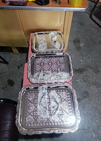 İşlemeli paslanmaz çelik 3'lü Tepsi Seti - Görsel 5