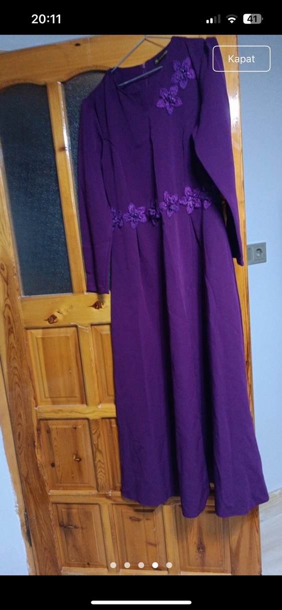 Mor Uzun Kollu Nakışlı Kadın Elbise - Görsel 3