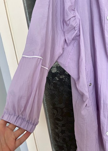 Uzun Lila Düğmeli Kadın Yağmurluk - Görsel 2