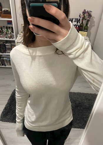 Beyaz Kadın Uzun Kollu Tekne Yaka Kazak - Görsel 2