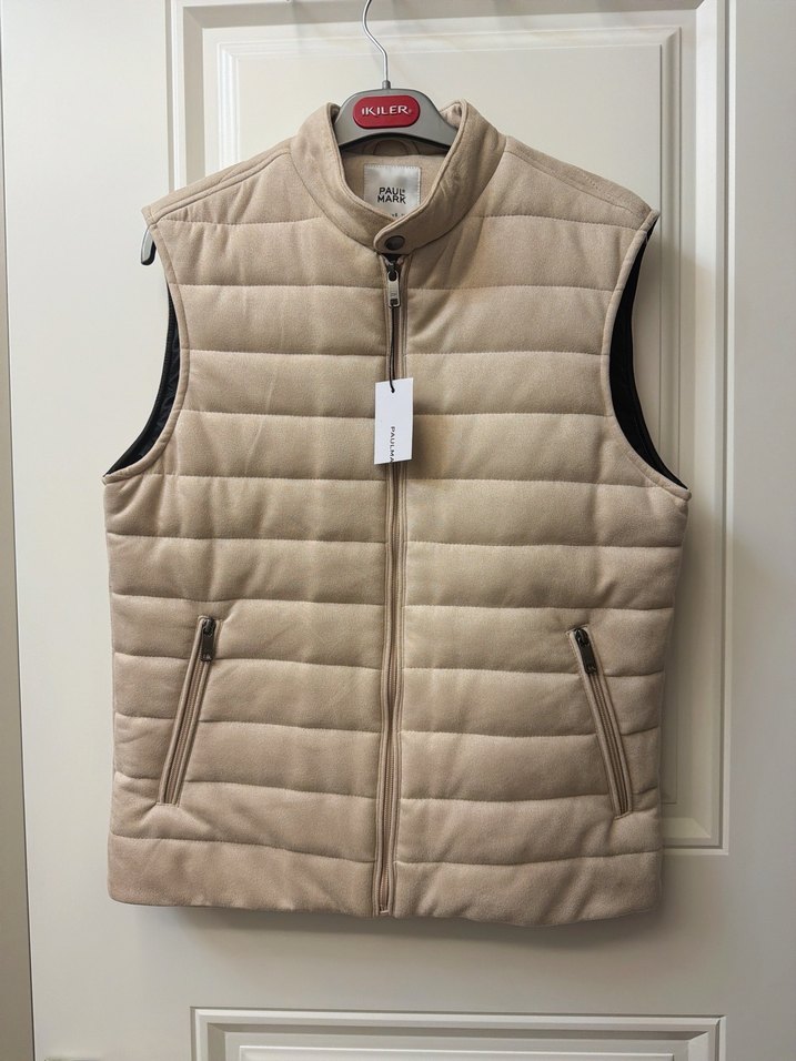 Paulmark S beden Bej Süet Yelek, Fermuarlı, Yüksek Yaka - Görsel 3